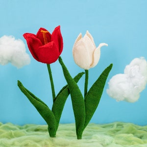 May include: Two knitted tulip flowers, one red and one white, with green stems and leaves. The red tulip has a yellow stamen. The background is a light blue sky with fluffy white clouds and green textured ground.