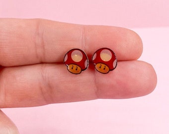 Super Mario earrings, mushroom studs, Handmade, resin jewellery, shrink plastic, cute jewellery, handmade earrings, jewellery gifts