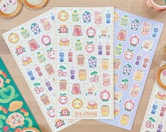 May include: Three sheets of stickers featuring a variety of cute illustrations of fruit, drinks, and other food items. The stickers are on a yellow, white, and purple checkered background. The stickers are perfect for adding a touch of whimsy to your planner, journal, or laptop.
