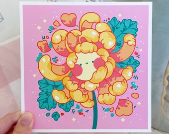 May include: A pink background with a yellow and orange cartoon flower with a cute face. The flower has a green stem and leaves. There are small white, yellow, and red dots scattered around the flower.