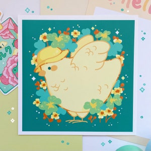 Impresión artística de pajarito con sombrero de pescador / Arte de pared adorable