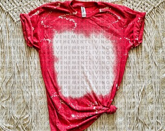 May include: Red t-shirt with a white bleach design. The design features the words "Vehement Living" repeated multiple times.