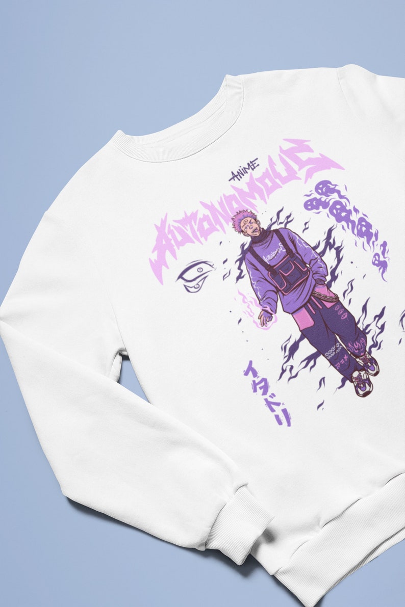 Peut inclure: Sweat-shirt blanc avec un imprim&eacute; graphique violet et noir d'un personnage d'anime avec le texte "ANIME AUTOMATON" et des caract&egrave;res japonais.