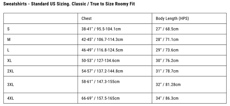 Peut inclure: Un tableau des tailles pour les sweat-shirts avec des mesures en pouces et en centim&egrave;tres. Le tableau indique les mesures de la poitrine et de la longueur du corps pour les tailles S &agrave; 4XL.