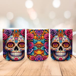May include: Three white ceramic mugs with a colorful sugar skull design. The skulls are surrounded by flowers in shades of pink, purple, yellow, orange, and green.