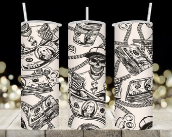 20 oz Skinny Tumbler Wrap • Gangster Skull & Money • Sublimation Design • PNG Wrap