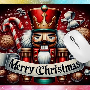 May include: A festive mousepad featuring a nutcracker design with a red and gold hat, a white beard, and the words "Merry Christmas" on a banner. Includes a white computer mouse, candy canes, and ornaments.