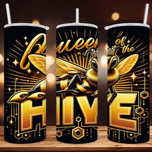 Bijenkoningin | Koningin van de bijenkorf | 20 oz skinny rechte beker wrap sublimatieontwerp | Ai-afbeelding | PNG-bestand | ALLEEN digitale download!