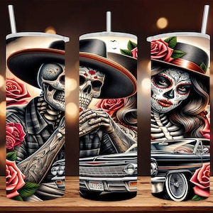 Envoltorio para vaso delgado de 20 oz • Chico y chica del Día de los Muertos • Arte digital/imagen Ai • Diseño de sublimación • Archivo PNG