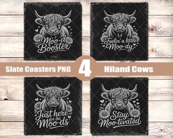 4 Lustige Highland Kuh Schiefer Untersetzer Gravurdateien: Glow forge | Schiefer Fliesen Laser Digitale Datei | Laser-Schnitt PNG (Digitaler Download)