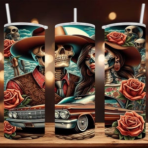 Envoltorio para vaso delgado de 20 oz • Chico y chica del Día de los Muertos • Arte digital/imagen Ai • Diseño de sublimación • Archivo PNG