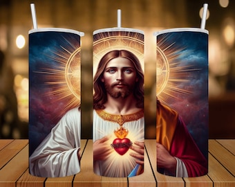 20 oz Skinny Tumbler Wrap • Digital Art/ Jesus Christ/ Heavenly Father/ Sacred Heart • Ai Image • Sublimation Design • PNG file