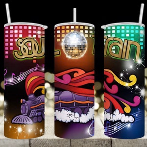 May include: Three stainless steel tumblers with colorful designs featuring a disco ball, music notes, and the words "Soul Train".