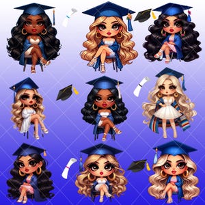 9 lindas chicas chibi graduadas con gorra azul • Archivos PNG para sublimación en camisetas, tazas, vasos, tazas de café, etc. • Todos los archivos PNG son archivos individuales