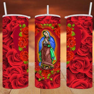 Envoltorio para vaso delgado de 20 oz • Envoltorio Virgen de Guadalupe con rosas • Diseño de sublimación • Archivo PNG