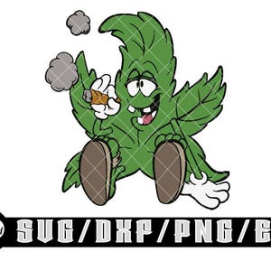 Może przedstawiać: Zielona postać z kreskówki w kształcie liścia marihuany z szerokim uśmiechem, w butach i trzymająca cygaro. Postać pali i z jej ust wydobywa się chmura dymu.