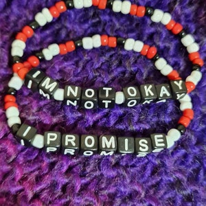 My chemical romance inspired bracelet stack, I'm not okay music lyric jewellery, red black white,  gothic emo,  gift,  alternative, mcr gig