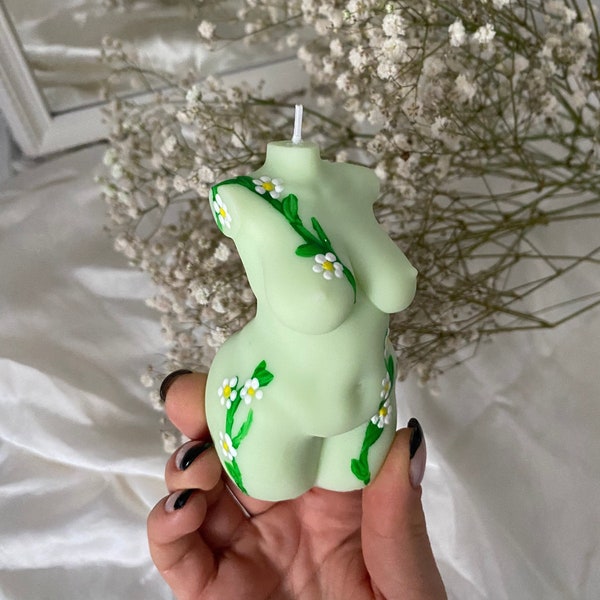 Body Candle Woman Green with Plants and Flowers | nude torso candle