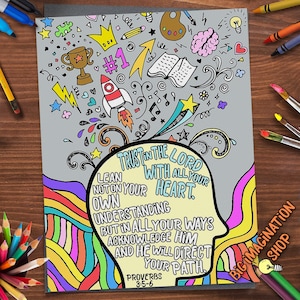 May include: A colorful illustration with the text "Trust in the Lord with all your heart." The artwork features a brain, rocket, and other doodles. The words "Big Imagination Shop" are also visible.