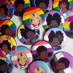Pride Spiderverse 37mm badges _ Miles, Gwen, Hobie Brown, Pavitr