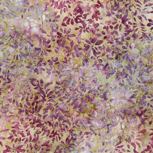 May include: A fabric with a floral pattern in shades of purple, pink, and gold. The design features clusters of stylized flowers and leaves, creating a textured and layered appearance. The background has a mottled, watercolor-like effect.