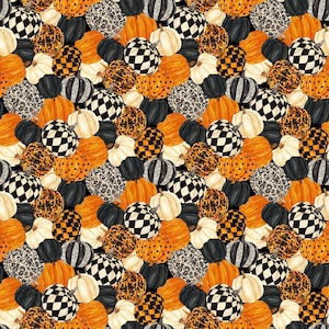 May include: A seamless pattern featuring a variety of pumpkins in various colors and patterns, including black and white checkered, orange with white polka dots, and brown with leopard print. The pumpkins are arranged in a random pattern against a black background.