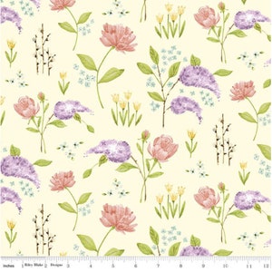 May include: A seamless pattern featuring a variety of flowers in shades of pink, purple, yellow, and green on a cream background. The flowers include peonies, lilacs, and small yellow flowers.