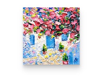 Bougainvillea pittura a olio Santorini Grecia Impasto pittura originale arte della parete Beach House Decor 6x6 pollici