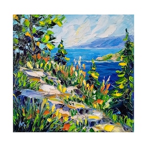 Acadia Oil Painting Original Forest Path National Park Maine Painting Wildflower Wall Art Impasto Canvas Painting 8x8 in Maine Gifts