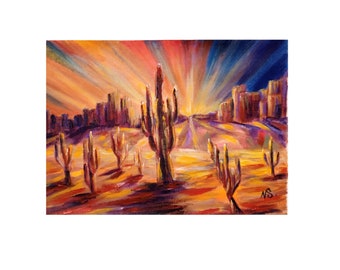 Sedona Arizona schilderij Saguaro cactus berg schilderij Woestijnlandschap origineel schilderij Zonsondergang in Grand Canyon kunst