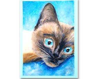 Siamese Cat Painting Kitten Original Art Cute Kitty Pet Portrait Painting Oil Pastel Cat Artwork 11,5 x 8,5 inch