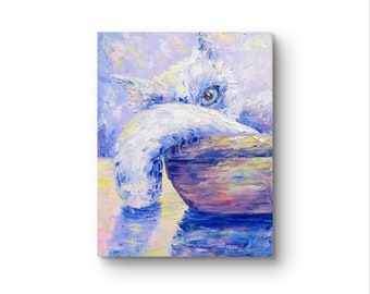 White Cat Oil Painting Cute Kitty in Basket Original Art Pet Oil Painting Canvas 10x8 inch