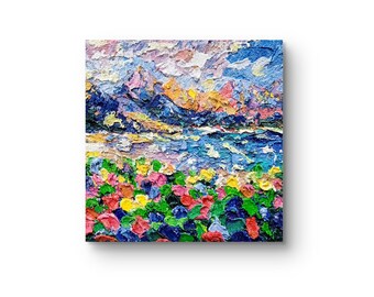 Lupin peinture à l'huile montagnes du Colorado Rocky Art original lac paysage peinture originale empâtement Miniature peinture 4 x 4 pouces colorado cadeaux