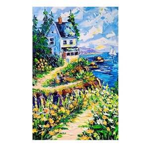 Coastal Maine Oil Painting Cottage Wildflower Landscape Art Original Seaside Painting Maine Wall Art Gift 11.5x8 in