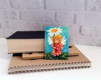 Angel Oil Painting Aceo Original Art Daisy Whimsical Art Christian Artwork 3,5x2,5 inches by Natali Sasina