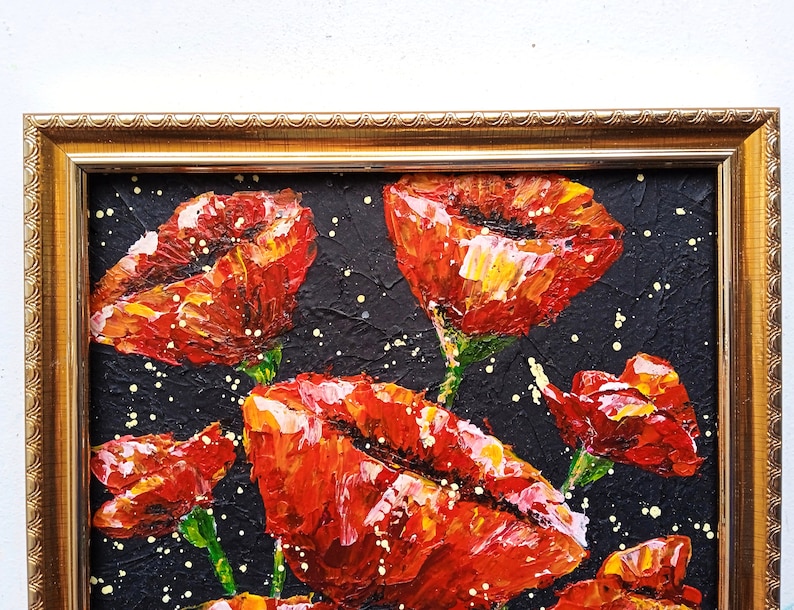 Poppy Painting Red Flower Original Wall Art Abstract Floral Gold Framed Art Poppy Artwork Framed Painting image 4