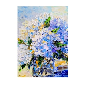 Hydrangeas Oil Painting Original Light Blue Wall Art Impasto Painting Floral Oil Painting 7x5 inches hydrangea gift