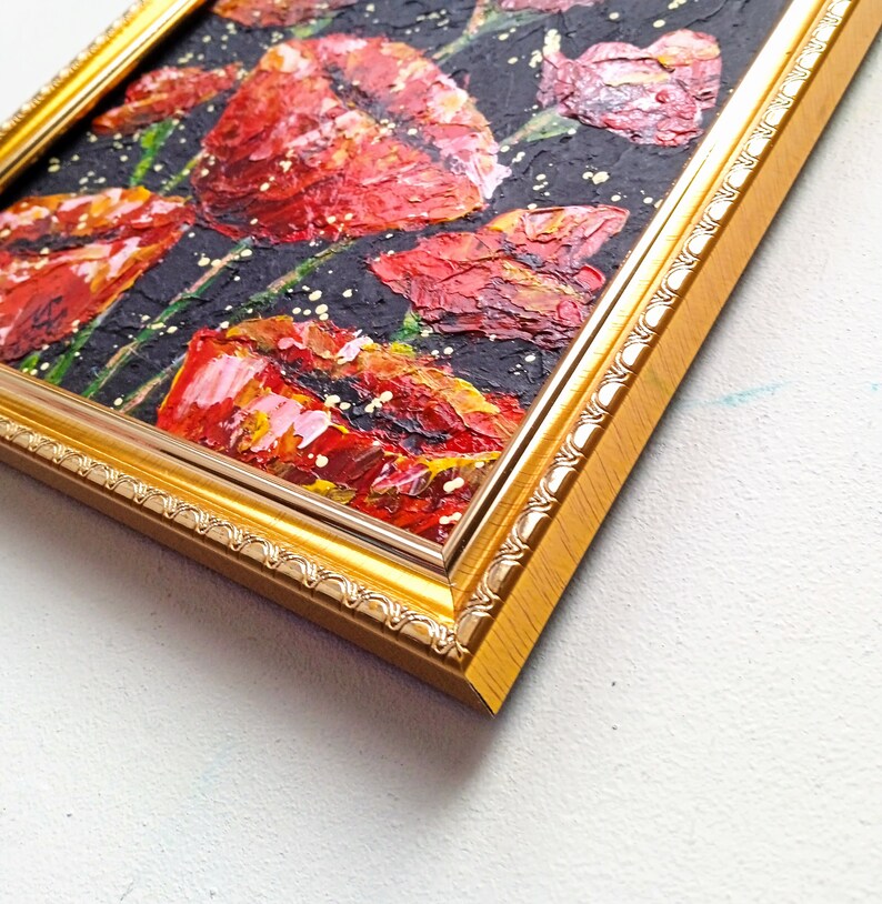 Poppy Painting Red Flower Original Wall Art Abstract Floral Gold Framed Art Poppy Artwork Framed Painting image 5