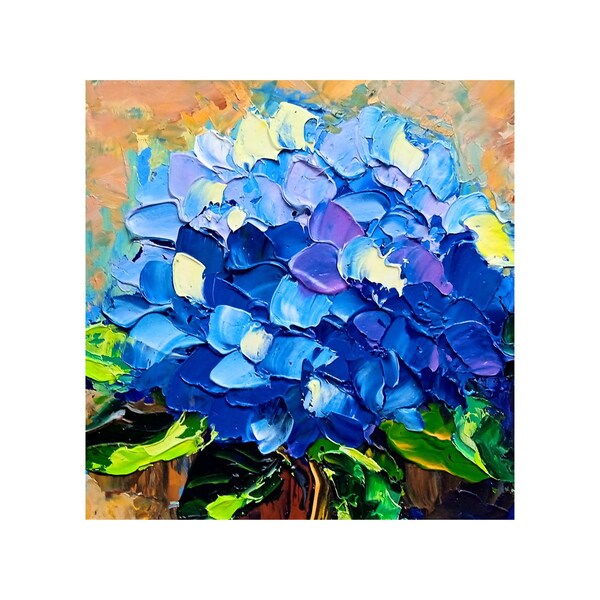 Blaue Hortensie Kleine Ölgemälde Original Impasto Miniatur 4x4 Zoll Hortensie Geschenk