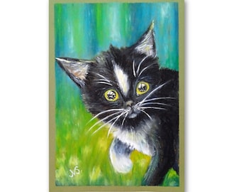 Black Cat Painting Cute Kitty Original Art Pet Wall Art Oil Pastel Artwork 11,5x8,5 inch