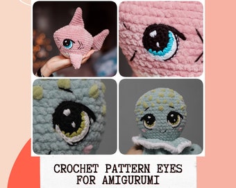 May include: Crochet pattern for amigurumi eyes. The image shows three examples of crocheted eyes with different colors and textures. The eyes are embroidered with black pupils and white highlights.