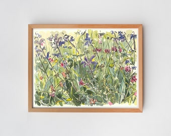 Tableau aquarelle fleurs prairie été, art original pour salon, chambre et bureau, format 23 x 31 cm