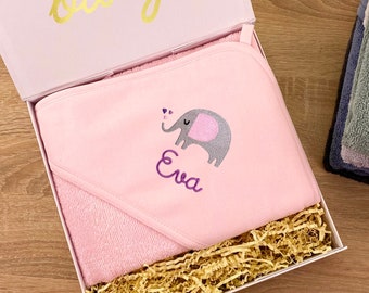 Baby hooded towel with name in delicate pink / 80 x 80 cm / girl / baby gift / baby towel / rainbow / elephant / embroidered / cotton