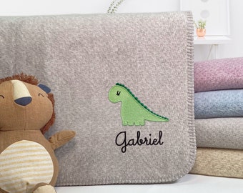 Babydecke Dino mit Namen personalisiert / Personalisiertes Babygeschenk / Kuscheldecke / Dino / Geburtsgeschenk mit Datum / Bio Baumwolle