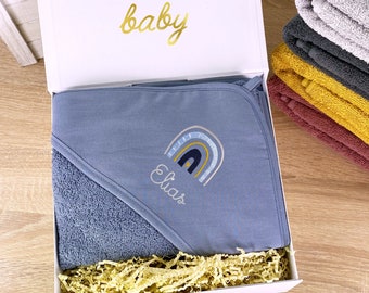 Personalized baby hooded towel with name in blue / 80 x 80 cm / Baby gift / Baby towel / Birth gift / Elephant / Rainbow / Whale
