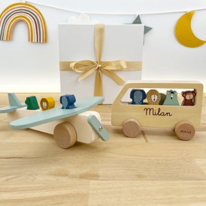 Children&#39;s CHRISTMAS GIFT with name / wooden car & wooden airplane / individually or in a set with an optional gift box