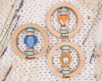 Baby rattle personalized with name, baby gift with name for birth, gift birth boy girl, Trixie baby rattle fox lion elephant