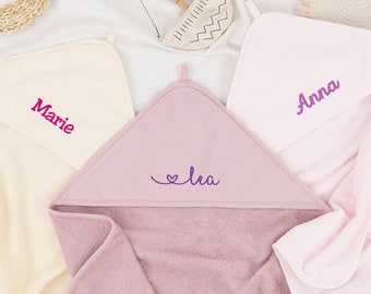 Baby and children's hooded towel for girls with name personalized in pink/purple/white/natural/75 x 75 cm/100 x 100 cm/children's gift/birthday