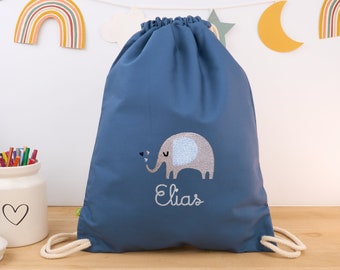 Blue organic children's gym bag personalized with name