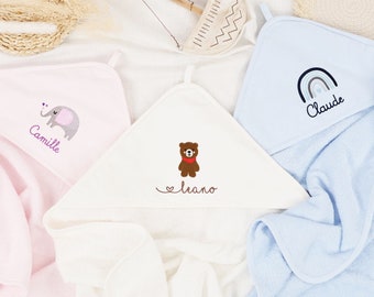 Baby and children's hooded towel for boys and girls with name personalized in blue/pink/green/75 x 75 cm/100 x 100 cm/animals/rainbow